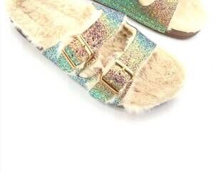 NEW H2K SHOES women's queen sparkly furry birkenstyle slide in multicolor